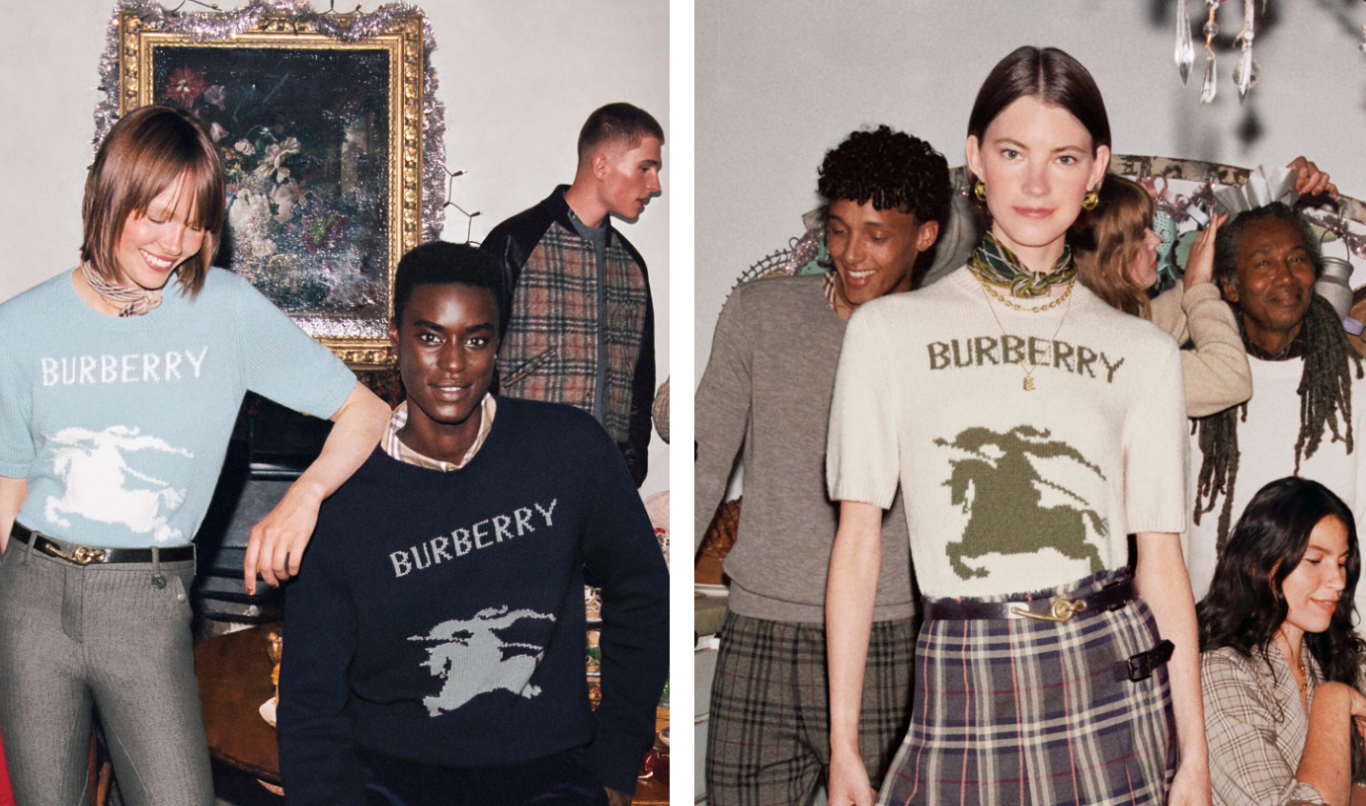 Burberry Holiday 2025 campaign featuring Jennifer Saunders, Naomi Campbell, and Rosie Huntington Whiteley at a festive London townhouse gath