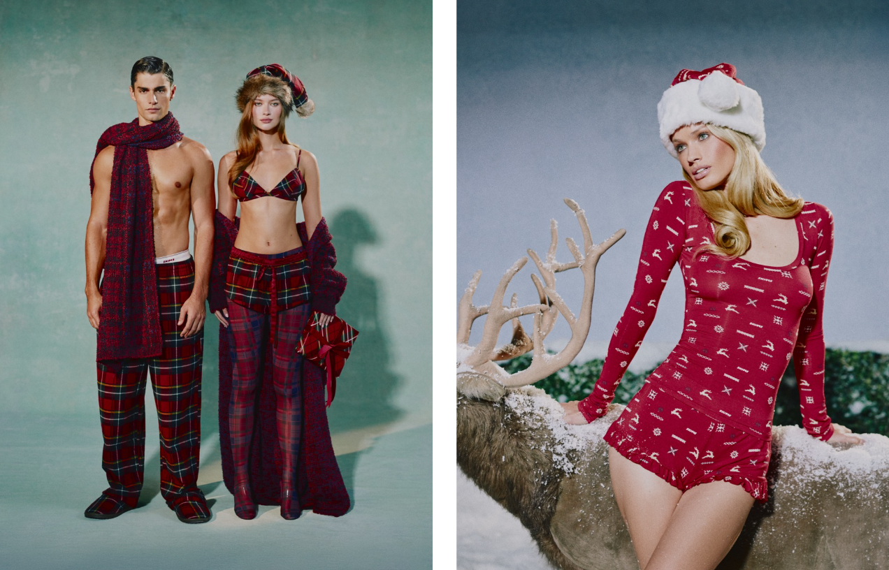Skims Holiday 2025 campaign celebrates cozy elegance with festive loungewear, plaid sleep sets, and soft lace designs perfect for the season